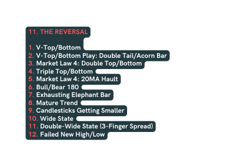 11 THE REVERSAL 1 V Top Bottom 2 V Top Bottom Play Double Tail Acorn Bar 3 Market Law 4 Double Top Bottom 4 Triple Top Bottom 5 Market Law 4 20MA Hault 6 Bull Bear 180 7 Exhausting Elephant Bar 8 Mature Trend 9 Candlesticks Getting Smaller 10 Wide State 11 Double Wide State 3 Finger Spread 12 Failed New High Low