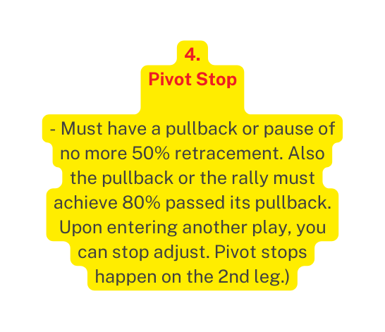 4 Pivot Stop Must have a pullback or pause of no more 50 retracement Also the pullback or the rally must achieve 80 passed its pullback Upon entering another play you can stop adjust Pivot stops happen on the 2nd leg