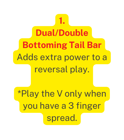 1 Dual Double Bottoming Tail Bar Adds extra power to a reversal play Play the V only when you have a 3 finger spread