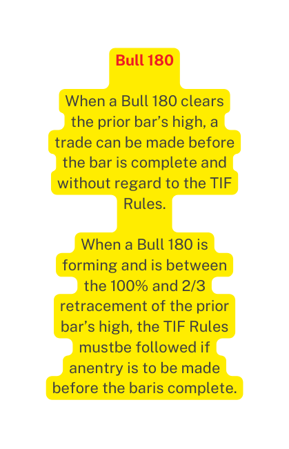 Bull 180 When a Bull 180 clears the prior bar s high a trade can be made before the bar is complete and without regard to the TIF Rules When a Bull 180 is forming and is between the 100 and 2 3 retracement of the prior bar s high the TIF Rules mustbe followed if anentry is to be made before the baris complete